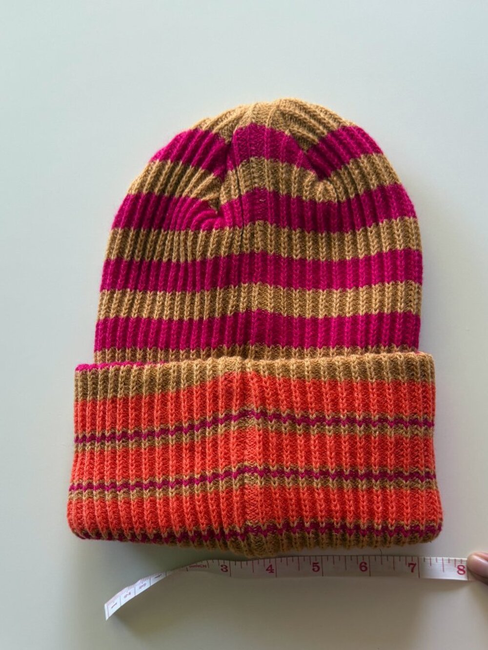 By Anthropologie Striped Knit Cuffed Beanie Pink Orange Gold PP Motif One Size